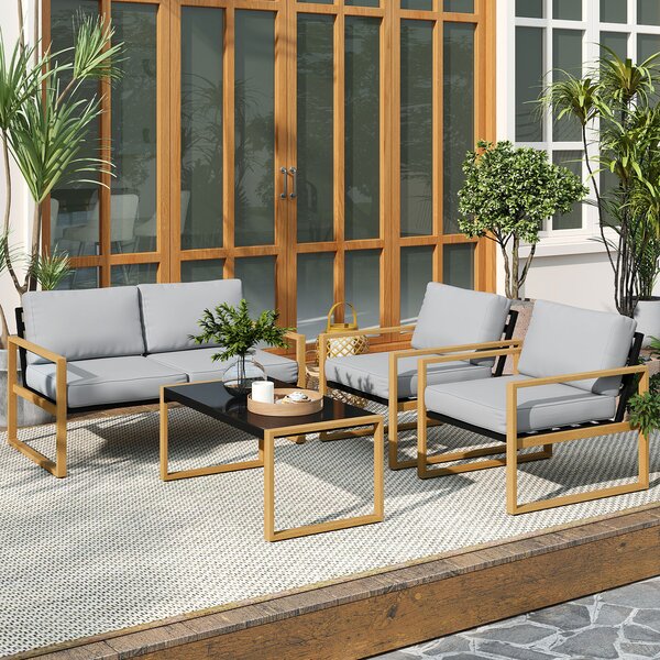 Set 4 Pezzi da Esterno Divanetto 2 Poltrone e Tavolino con Piano in Vetro in Alluminio e Fibra Grigio e color Legno