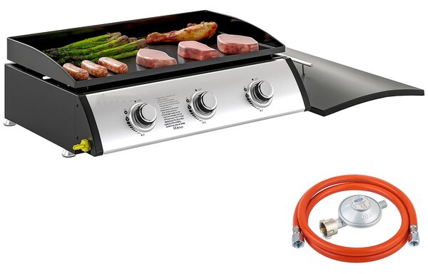Piastra a Gas con 3 Bruciatori Potenza 7,5kW con Coperchio in Acciaio Smaltato Nero
