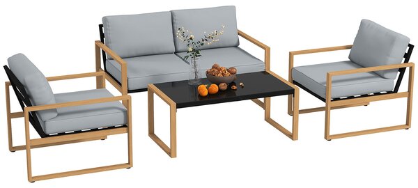 Set 4 Pezzi da Esterno Divanetto 2 Poltrone e Tavolino con Piano in Vetro in Alluminio e Fibra Grigio e color Legno