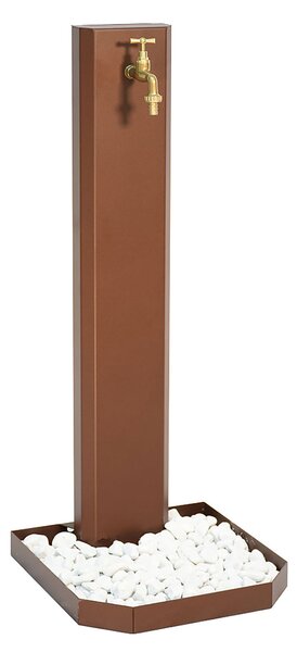 Fontana da Giardino Design a Colonna Ovale Rubinetto in Ottone e Base con Ciottoli Corten