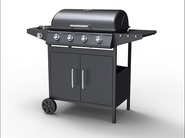 Barbecue a Gas 4+1 Fuochi Martin Fuoco Principale da 2,5 kW Accensione Piezoelettrica in Acciaio Smaltato Nero