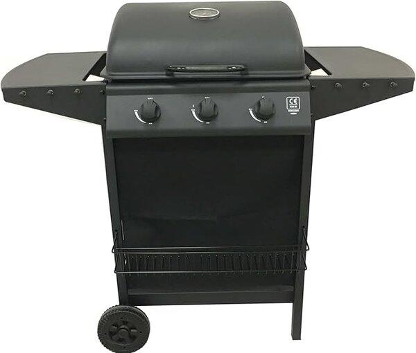 Barbecue a Gas 3 Fuochi Thomas Fuoco Principale da 2,9 kW Accensione Piezoelettrica in Acciaio Smaltato Nero