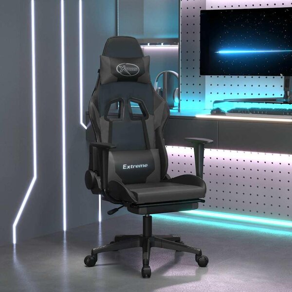 Sedia da gaming vidaXL con funzione massaggio e poggiapiedi, in Pelle finta nera e grigia