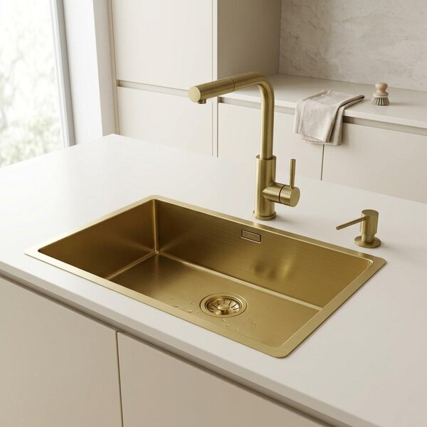 Miscelatore da cucina PVD, finitura oro spazzolato, con doccetta estraibile Pure.Sink