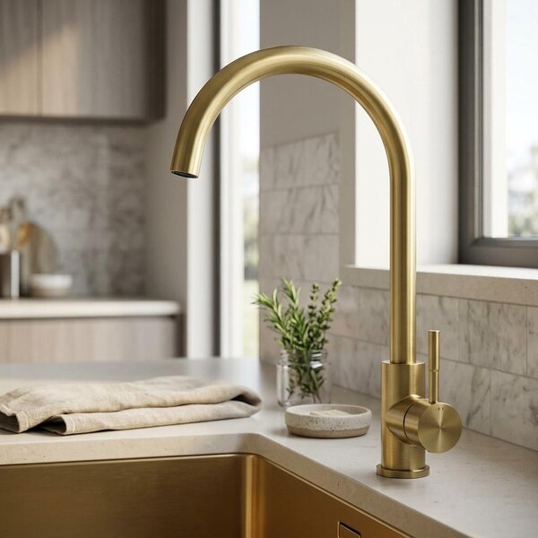 Miscelatore per cucina, finitura PVD dorata spazzolata, modello PS8044-60, linea Pure.Sink
