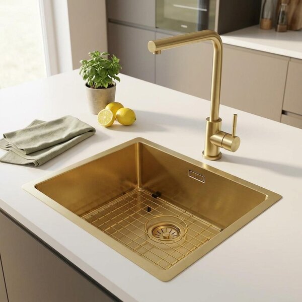 Miscelatore per lavello, finitura PVD dorata spazzolata, modello PS8040-60, linea Pure.Sink