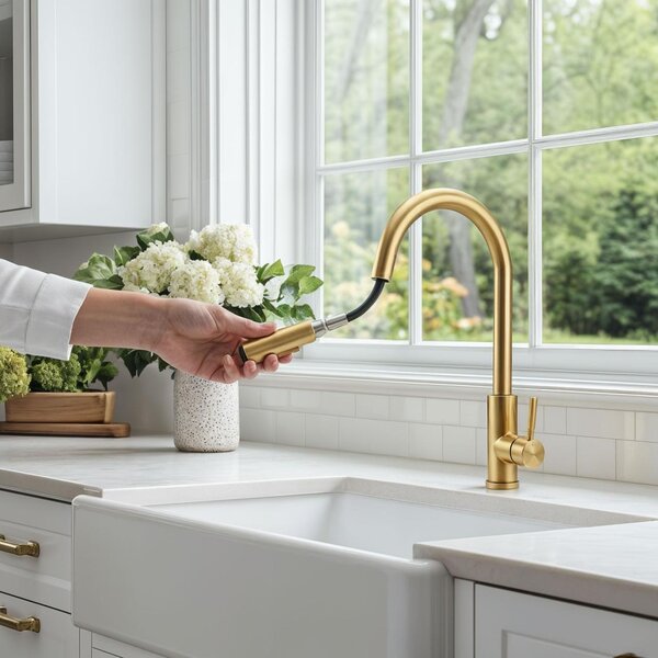 Miscelatore da cucina con finitura PVD dorata spazzolata e doccetta estraibile, modello Pure.Sink