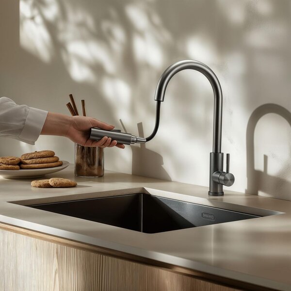 Miscelatore da cucina in metallo gun metal con rivestimento PVD e doccetta estraibile, modello PS8045-61 Pure.Sink