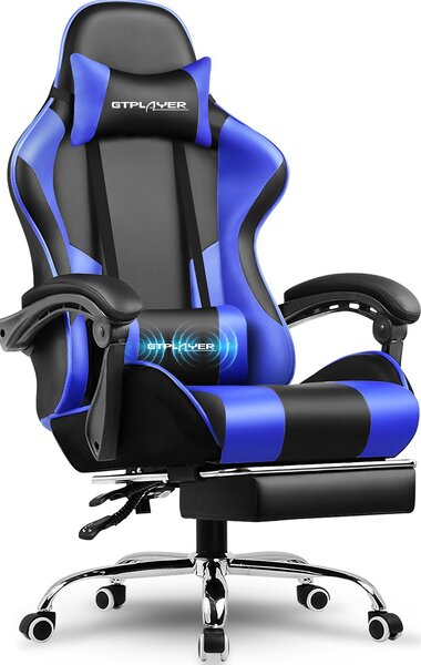 Sedia da gaming GTPLAYER, sedia da ufficio, sedia ergonomica per computer, sedia da gaming con supporto lombare massaggiante, poggiapiedi e poggiatesta