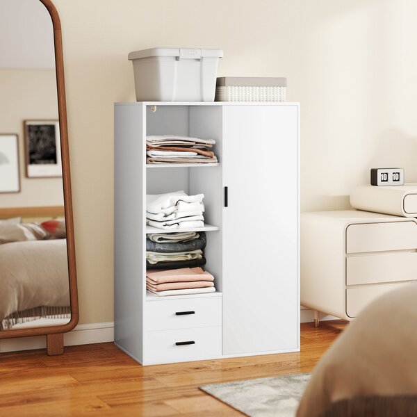 Armadio Moderno 80x50x124 cm Appendiabiti Cassetti e Mensole in Truciolare Bianco
