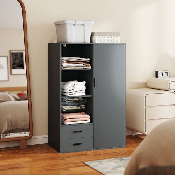 Armadio Moderno 80x50x124 cm Appendiabiti Cassetti e Mensole in Truciolare Grigio Scuro
