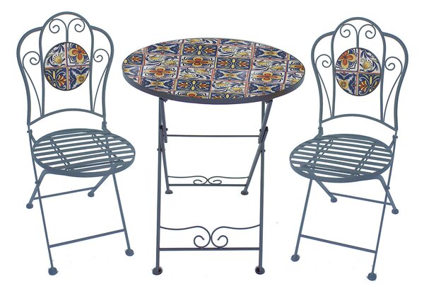 Set Tavolino e 2 Sedie Pieghevole Mosaico Stile Vietri in Ferro Multicolore