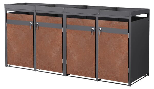 ML-Design Cassonetto a 4 scomparti con tetto per fioriera per 4 scomparti, 240L 264x80x124 cm, effetto ruggine, acciaio, resistente alle intemperie/chiudibile a chiave