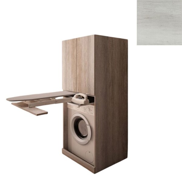 Mobile Lavanderia a Colonna per Lavatrice con Asse da Stiro e Ante Superiori 70x70x174A cm in Nobilitato Unika Olmo Bianco