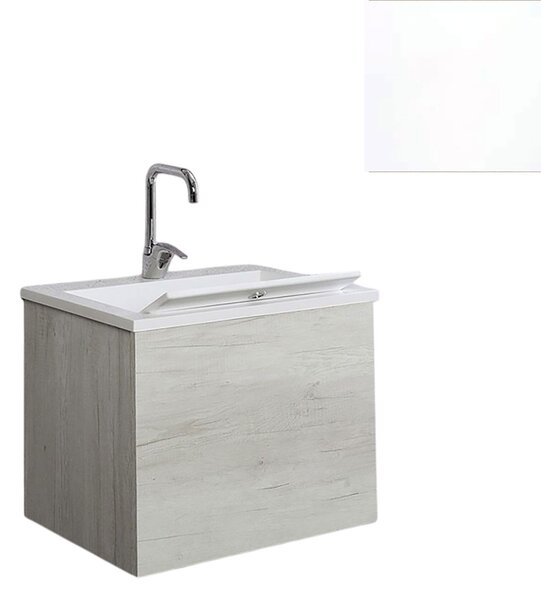 Mobile Lavatoio Sospeso Vasca Zeus in MineralMarmo Apertura a Cassettone 60x48x50 cm Bianco Latte