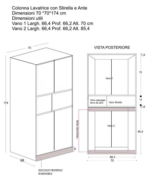 Mobile Lavanderia a Colonna per Lavatrice con Asse da Stiro e Ante Superiori 70x70x174A cm in Nobilitato Unika Olmo Naturale