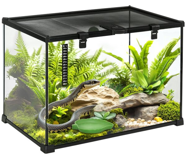Terrario per Rettili Coperchio Scorrevole con Griglia Metallica e Termometro 50x30x35 cm in Vetro e Metallo Nero