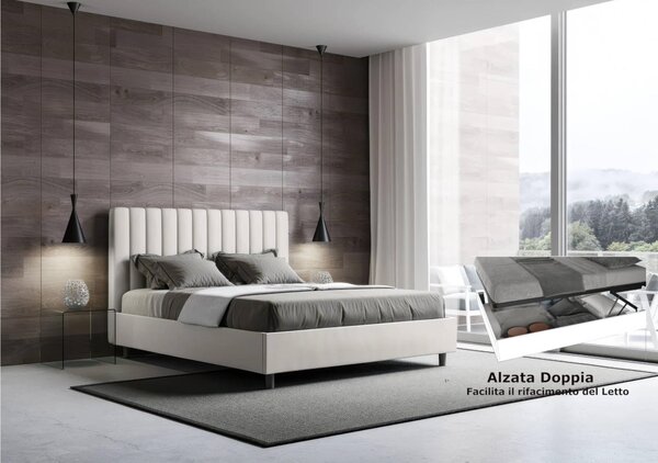 Letto matrimoniale In Similpelle AGUEDA con giroletto imbottito Dimensioni 160x190 cm con Doppia ALZATA xla comodit� di rifare il letto colore bianco