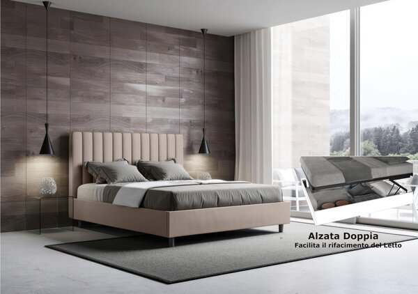 Letto matrimoniale In Similpelle AGUEDA con giroletto imbottito Dimensioni 160x190 cm con Doppia ALZATA xla comodit� di rifare il letto colore Tortora
