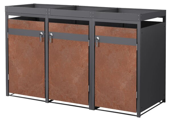 ML-Design Cassonetto a 3 scomparti con tetto a fioriera per 3 scomparti, 240L, 200x80x124 cm, effetto ruggine, acciaio, resistente alle intemperie/chiudibile a chiave