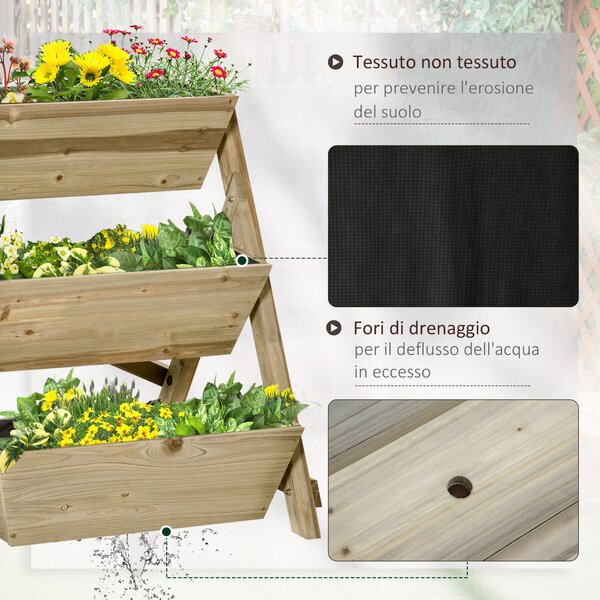 Outsunny Fioriera da Giardino a 3 Livelli con Feltro Drenante Geotessile, in Legno di Abete, 71x61x77 cm|Aosom