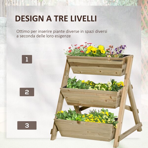 Outsunny Fioriera da Giardino a 3 Livelli con Feltro Drenante Geotessile, in Legno di Abete, 71x61x77 cm|Aosom