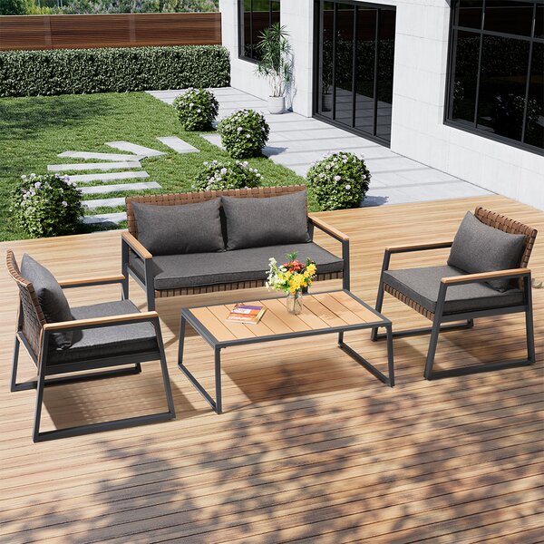 Set Salotto da Giardino Tavolino 2 Poltrone e Divano in Polyrattan con Cuscini Grigio e Marrone