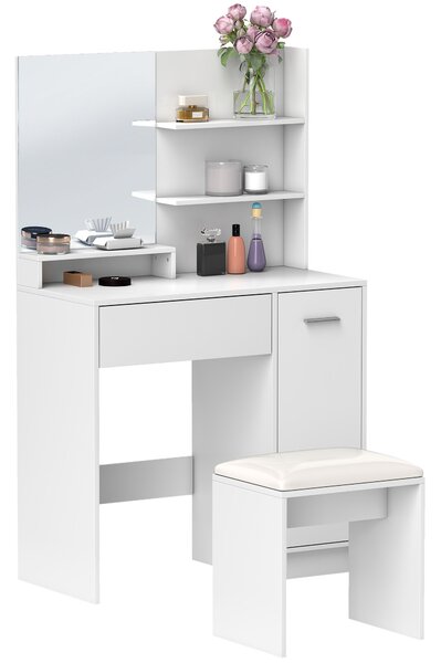 HOMCOM Toeletta Trucco con Specchio e Sgabello, Cassetto, Armadietto e Ripiani in Legno, Bianco