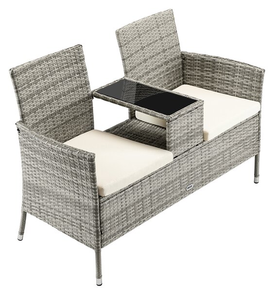 Panca da Giardino con Tavolino Integrato 123x54x 82,5 cm in Polyrattan e Vetro Grigio