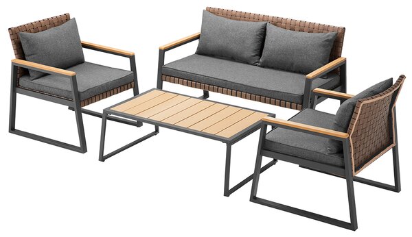 Set Salotto da Giardino Tavolino 2 Poltrone e Divano in Polyrattan con Cuscini Grigio e Marrone