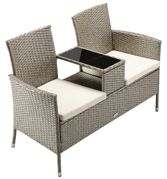 Panca da Giardino con Tavolino Integrato 123x54x 82,5 cm in Polyrattan e Vetro Crema