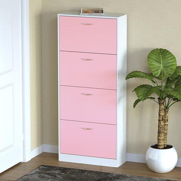 Scarpiera 4 Ante con Maniglia 63x24x150 cm Ripiani Doppia Profondità in MDF Bianco e Rosa