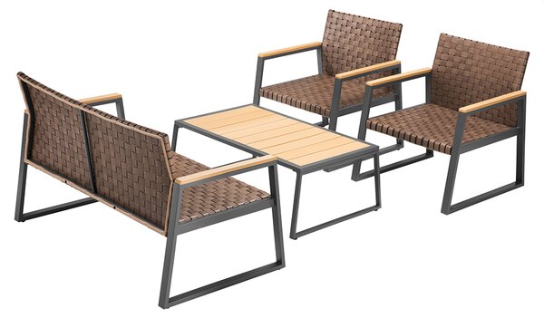 Set Salotto da Giardino Tavolino 2 Poltrone e Divano in Polyrattan Marrone