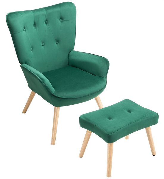Poltrona Stile Scandinavo con Schienale Alto e Poggiapiedi In Velluto e Gambe in Legno Verde