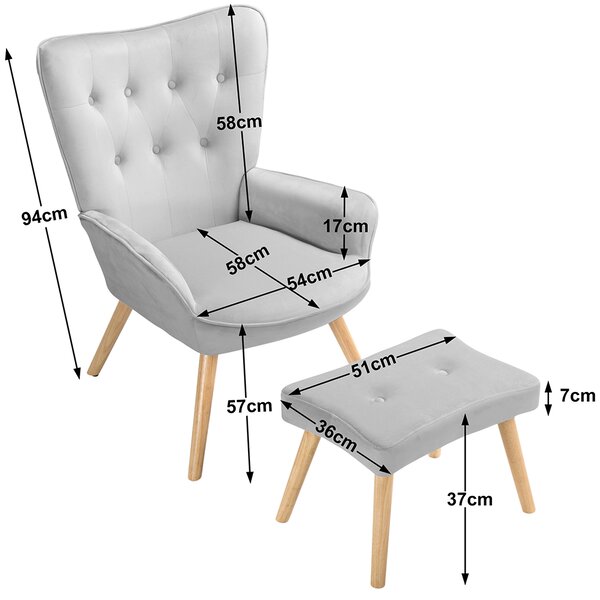 Poltrona Stile Scandinavo con Schienale Alto e Poggiapiedi In Velluto e Gambe in Legno Grigio