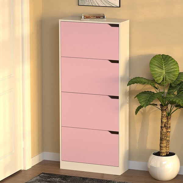 Scarpiera 4 Ante 63x24x150 cm Ripiani Doppia Profondità in MDF Bianco e Rosa