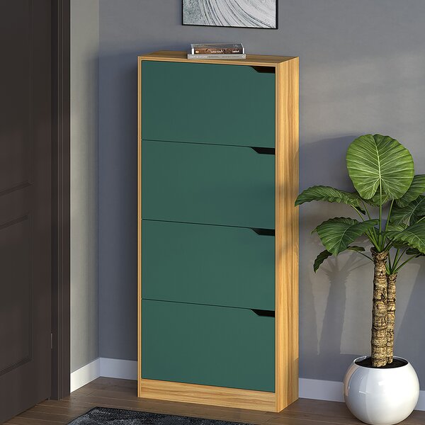 Scarpiera 4 Ante 63x24x150 cm Ripiani Doppia Profondità in MDF Quercia e Verde