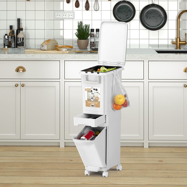 Pattumiera da Cucina per Raccolta Differenziata 2 Scomparti Capacità 32 L con Pedale e Ruote 26x36x84 cm in PP Bianco