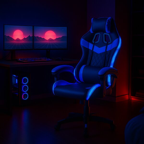 Sedia da Gaming con Led RGB Altezza Regolabile 106-116 cm in Pelle PU Blu e Nero