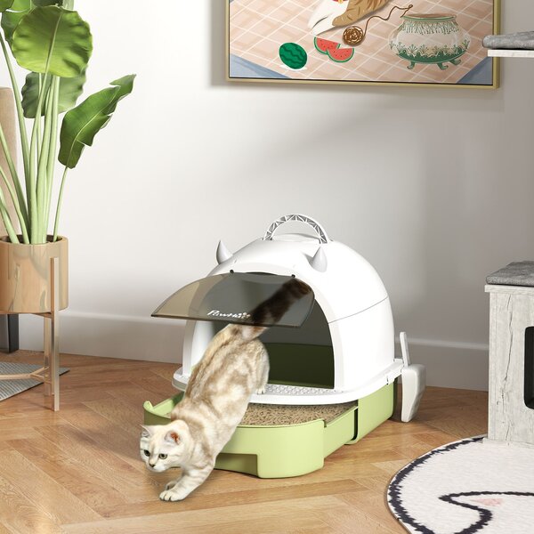 Lettiera Chiusa per Gatti 40,5x52x39 cm con Vassoio Estraibile Paletta e Filtri Verde e Bianco