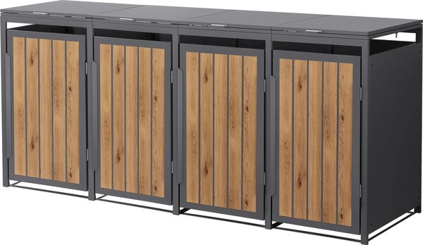 ML-Design Pattumiera a 4 scomparti, coperchio per 4 scomparti, 240L 260x80x120 cm, acciaio effetto legno antracite, pattumiera con coperchio e sportello incernierati