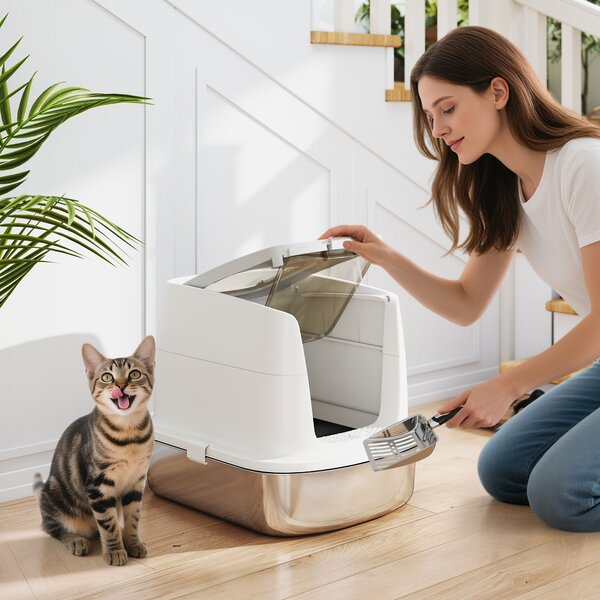 Lettiera Chiusa per Gatti a 2 Porte 52,4x41,3x39,8 cm Vaschetta in Acciaio Inox Bianco