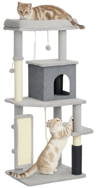 Albero Tiragraffi Multilivello Alto 132 cm con Casetta e Lettino in Peluche e Sisal Grigio