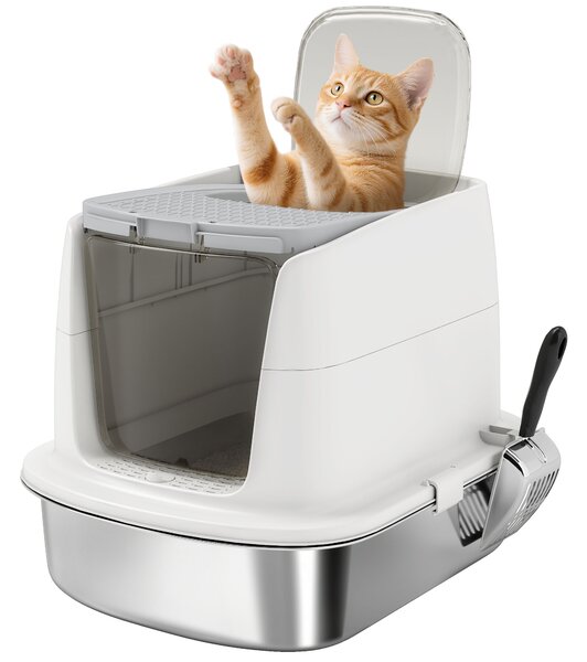 Lettiera Chiusa per Gatti a 2 Porte 52,4x41,3x39,8 cm Vaschetta in Acciaio Inox Bianco