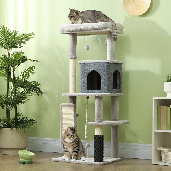 Albero Tiragraffi Multilivello Alto 132 cm con Casetta e Lettino in Peluche e Sisal Grigio