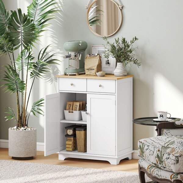 Credenza Bassa 68x40,3x85 cm con Armadietto e Cassetti in MDF e Legno di Caucciù Bianco