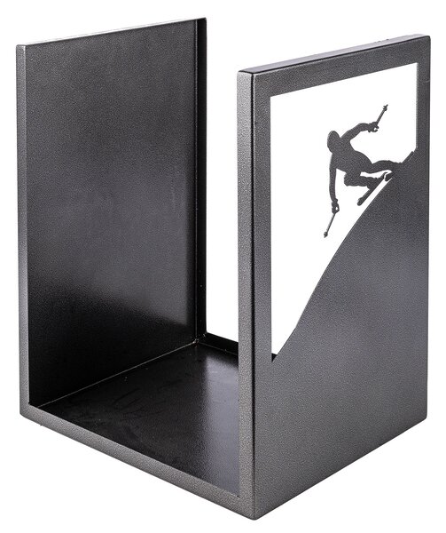 Porta Legna Sagomato Sciatore 40,5x35,5x50 cm in Ferro Verniciato Grigio Martellato