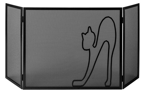 Parascintille per Camino a 3 Ante Design Gatto 20+60+20x50 cm in Ferro Verniciato Grigio Martellato