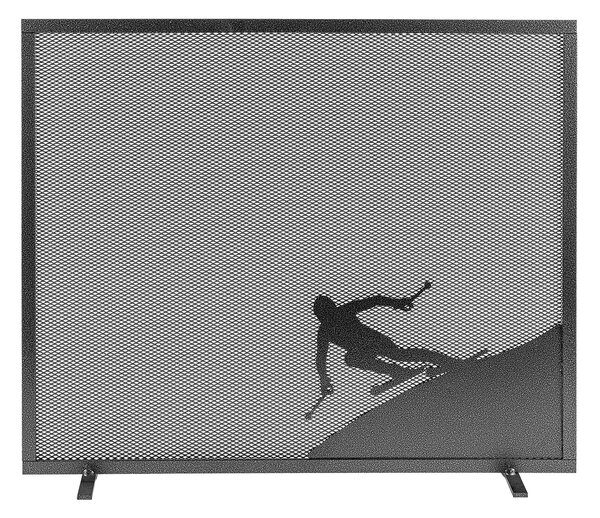 Parascintille per Camino a 1 Anta Design Sciatore 60x51 cm in Ferro Verniciato Grigio Martellato