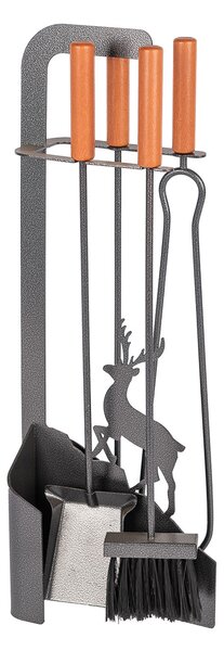 Trespolo per Attrezzi Camino Sagoma Cervo con Paletta Scopino Attizzino e Pinza 15,6x23,5x65 cm in Ferro e Legno Grigio Martellato